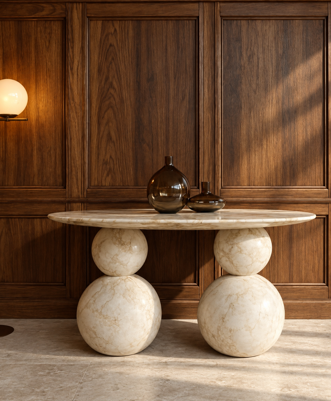 Consolle Equilibrio in marmo con gambe a sfere sovrapposte e vasi in vetro davanti a una boiserie in noce, Studio IB Milano