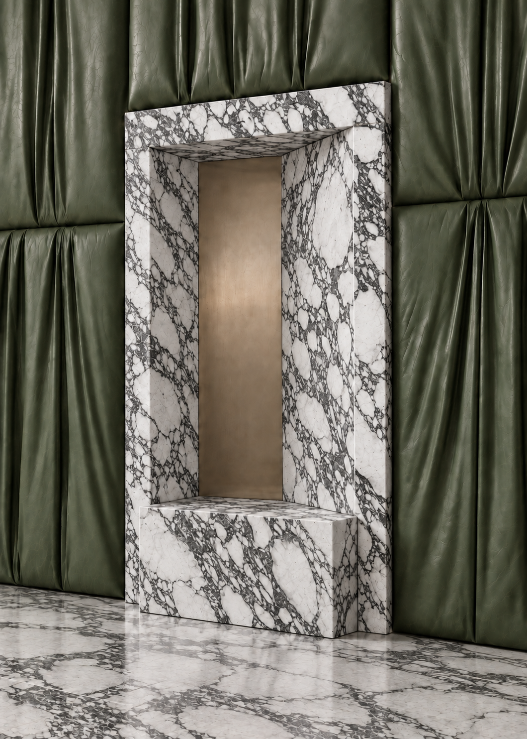 Sculptural Arabescato marble interior framed by dark green leather panels, Studio IB Milano