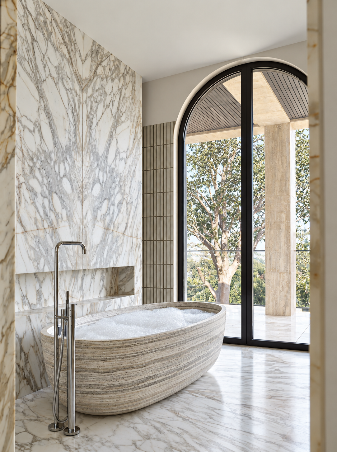 Oval travertine bathtub beneath an arched window in a Lake Como master bathroom by Studio IB Milano