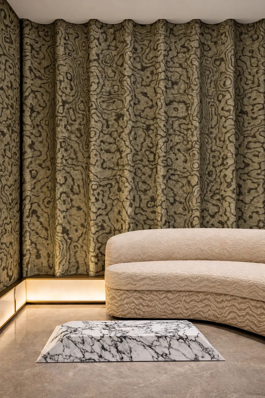 Milan flagship boutique lounge with patterned drapery and sculptural marble coffee table by Studio IB Milano