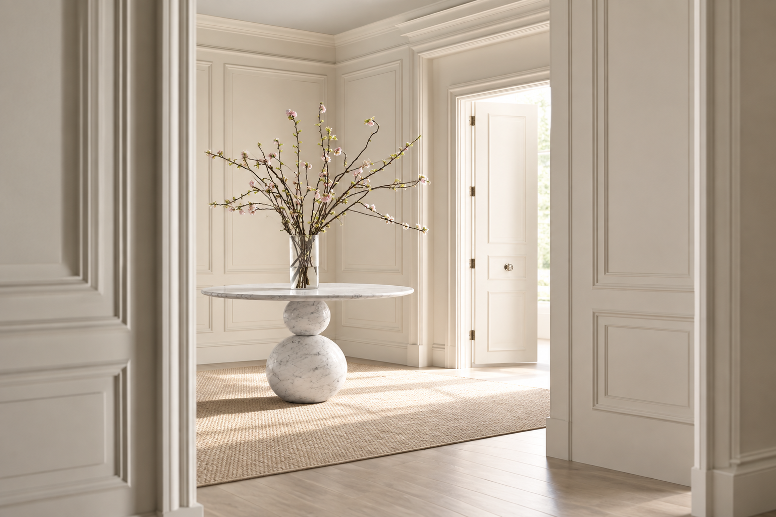 White marble centre table with sculptural spherical base in a classic Milan interior