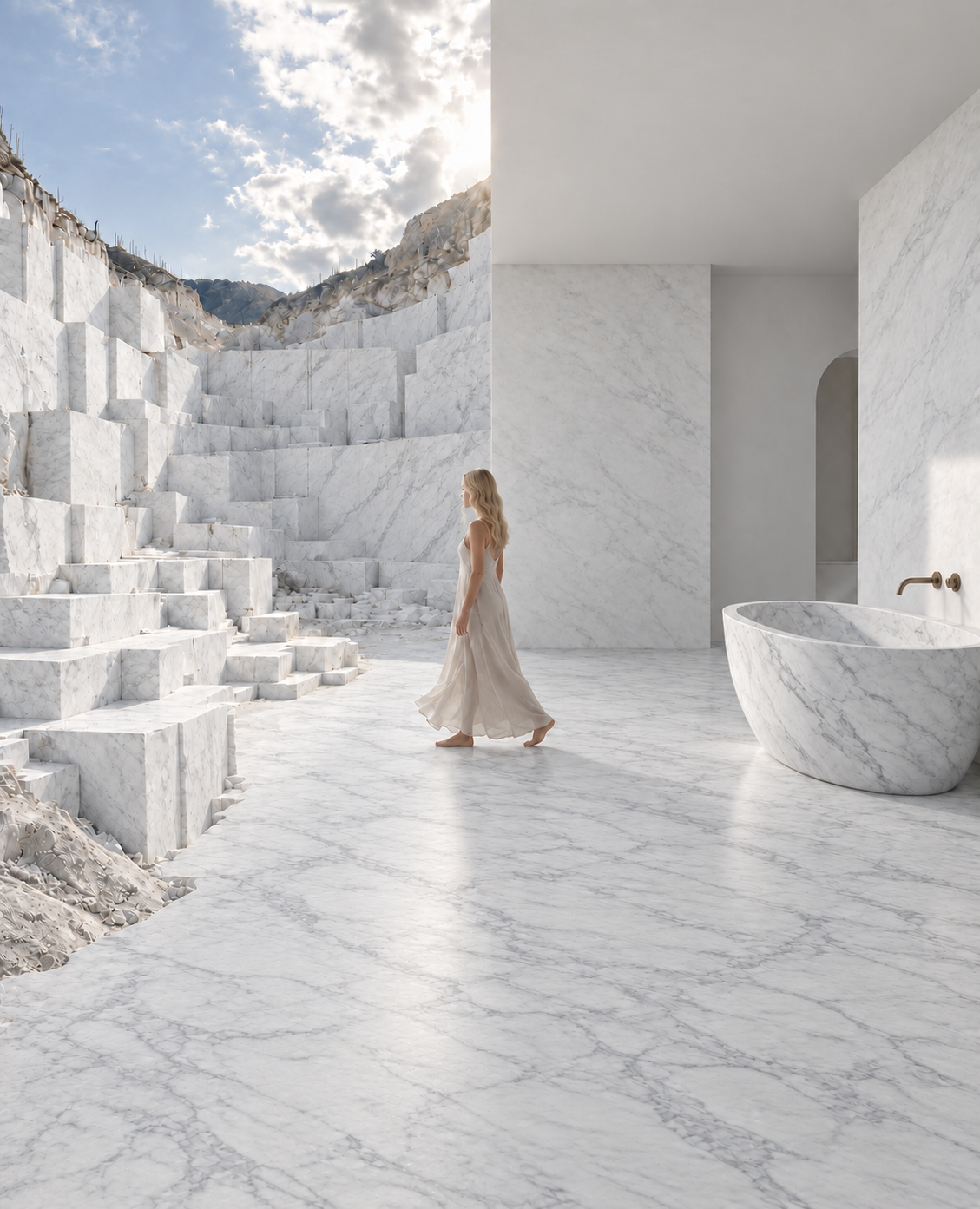 Curated natural marble surfaces in a quiet architectural setting